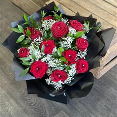 12 Red Roses and Gypsophila Bouquet